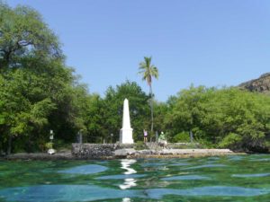 Captain Cook Monument is famous and is located in Kealakekua Bay a famous snorkeling spot on the Big Island.